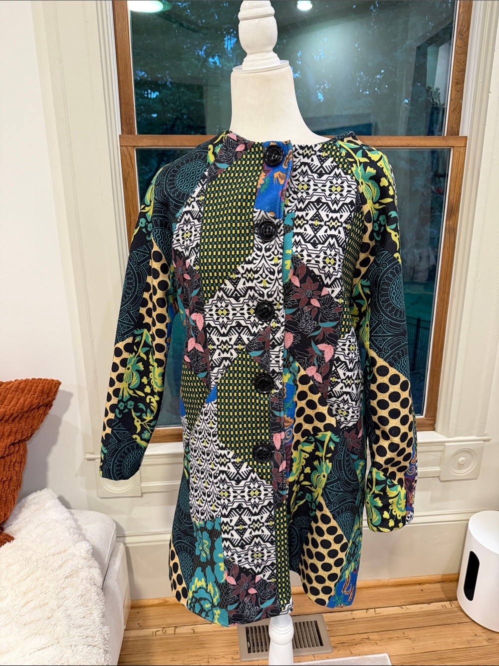 Desigual "Raquel" Patchwork Collage Button
Front Coat Jacket - Size Medium.